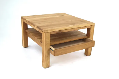 Couchtisch 2152 in Eiche, 70x48x70cm - Der Couchtisch 2152 aus massiver Eiche vereint elegantes Design mit praktischen Funktionen. Mit einem integrierten Ablagefach und Schublade für zusätzlichen Stauraum ist er ideal für jedes Wohnzimmer.
