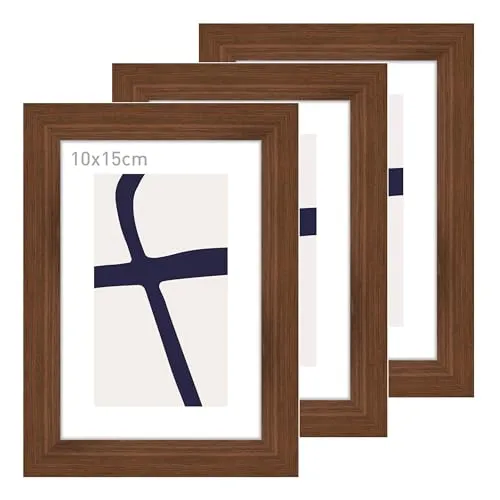 accent by nielsen Bilderrahmen, 10 x 15 cm (3er Set), Holz (MDF), Walnuss, inkl. Kunstdruck, Fotorahmen im Hoch- & Querformat, Echtglas, Velino