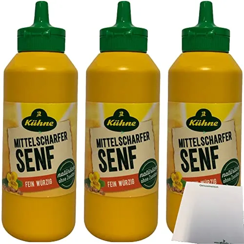 Kühne Senf mittelscharf fein würzig Squeeze 3er Pack (3x250g Flasche) + usy Block