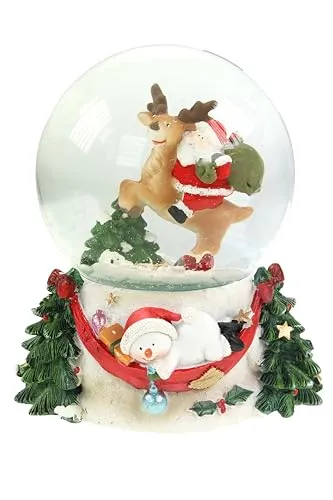 Schneekugel/Spieluhr 100mm mit Weihnachtsmann/Rentier– 14,5 cm Höhe, Mit Schneeflocken-Effekt und Weihnachtlicher Musik, zum Aufziehen