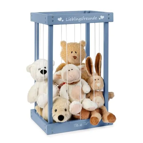 Ella & Piet Plüschtier-Box aus Holz – Kuscheltier-Aufbewahrung in Stahlblau - Schöne Holzbox zur Aufbewahrung von Kuscheltieren. Mit elastischen Gummibändern für leichtes Entnehmen. Hochwertige Verarbeitung und dekorativ – ideal für Ordnung im Kinderzimmer. Maße: 37 x 29 x 60 cm.