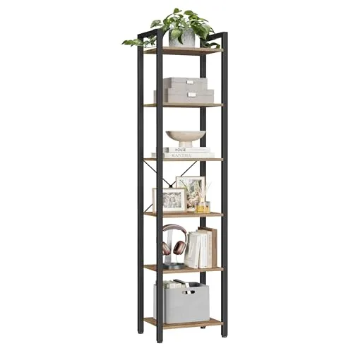 VASAGLE Regal, Bücherregal, Standregal, DVD-Regal, mit 6 Ebenen, Büroregal, offene Ablagen, für Büro, Wohnzimmer, Schlafzimmer, Küche, 30 x 40 x 186 cm, weizenbraun-tintenschwarz LLS101B48