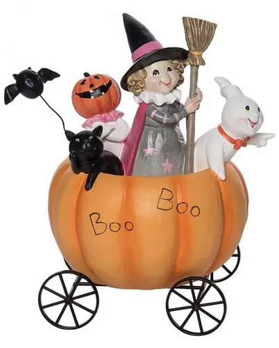 Horror-Shop Dekoobjekt Kürbis Karre mit Süßes oder Saures 22cm - Dieses stilvolle Dekoobjekt aus Polyresin in leuchtenden Farben sorgt für ein schaurig-schönes Ambiente. Ideal für Halloween-Dekoration und Sammler. Nur zur Dekoration geeignet.