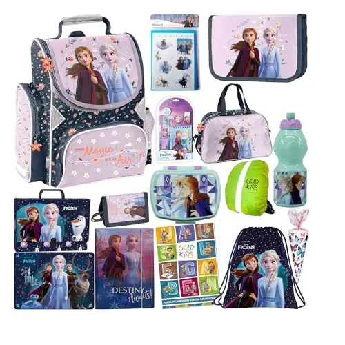 PASO- Schulranzen für Jungen und Mädchen, 15er-Set - Schul-Rucksack für Kinder mit Federmäppchen - Schuhbeutel Trinkflasche und Brotdose - Eiskönigin Motiv- 1-3 Klasse