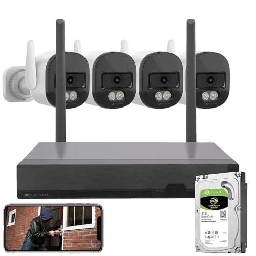 VisorTech Kamerasystem: Plug-&-Play-Überwachungssystem mit 4 Kameras + 2TB SATA HDD, WLAN 6 (Kamera Outdoor, Personen-Überwachungskamera, Alarm Bewegungsmelder)