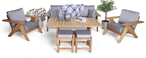 Gartenmöbel Set 6tlg mit Esstisch und Hockern - Stilvolles Lounge Set aus robustem Holz, bestehend aus einem 3-Sitzer Sofa, zwei Sesseln, einem Esstisch und zwei Hockern. Ideal für gesellige Runden im Garten oder auf der Terrasse. Montage erforderlich, 2 Jahre Herstellergarantie.
