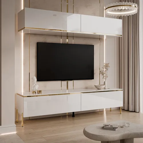 AURORA Wohnwand Weiß Hochglanz mit Gold Chrom Akzenten von Lookway