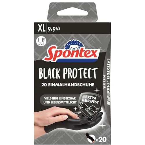 Spontex Black Protect, 20 Einmalhandschuhe aus Nitril, latexfrei und ungepudert, Größe XL (20 Stk)