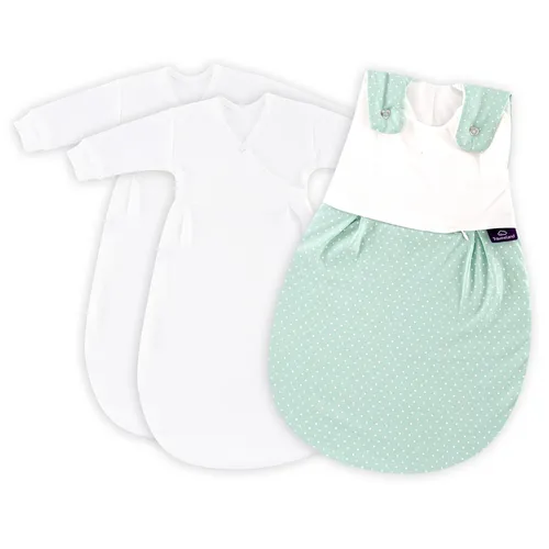 Träumeland Babyschlafsack LIEBMICH 3-teilig Set Pünktchen mint - Babyschlafsäcke, 3-teiliges Set mit doppelt regulierbarer Belüftung für ein gesundes Schlafklima, antimon- und schadstoffgeprüft, ideal für Größe 50/56.