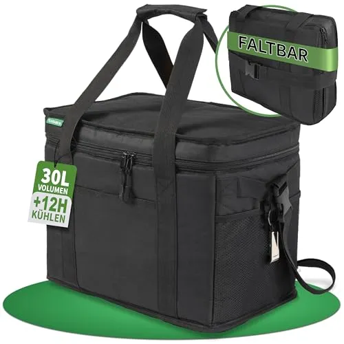 Cottara® 30L Kühltasche groß wasserdicht 12h Frische extra stark isolierte Kühltasche faltbar – Kühlbox, Cooler Bag, Lunch Bag, Isoliertasche, Thermotasche Picknicktasche – Schwarz