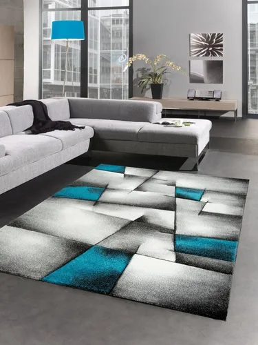 Carpetia Teppich Moderner Teppich Kurzflor Wohnzimmerteppich grau schwarz weiss türkis, rechteckig, Höhe: 13 mm