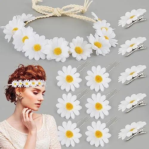 BETESSIN Blumen Haarband Damen Mädchen Sonnenblumen Stirnband mit 6 Gänseblümchen Haarspangen 5 Haarnadeln Blumen Haarschmuck Hochzeit Reise Strand Fotografie Karneval Copslay Party