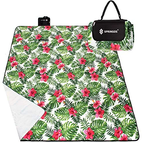 SPRINGOS Picknickdecke Campingdecke mit wasserfester Unterseite Faltbare Große Strandecke Reißverschlusstasche und Tragegriff 300 x 200 cm Hibiskus Blumen
