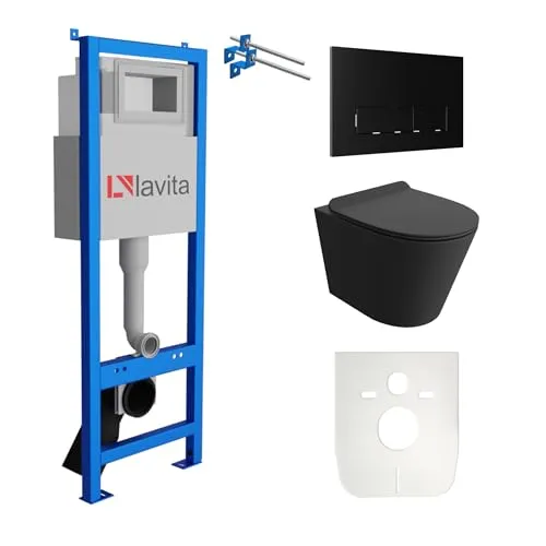 domino Lavita Vorwandelement inkl. Drückerplatte + Wand WC GALVE Black ohne Spülrand + WC-Sitz mit Soft-Close-Absenkautomatik (Drückerplatte RB)