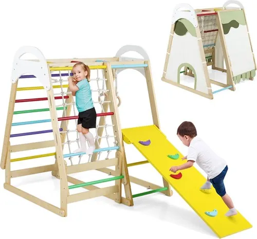 COSTWAY 6-in-1 Kinderspielplatz für drinnen - Vielseitiger 6-in-1 Kinderspielplatz aus robustem Buchenholz. Mit Rutsche, Affenstangen und Zelt fördert er spielerisch die Entwicklung Ihrer Kinder. Ideal für drinnen und draußen!