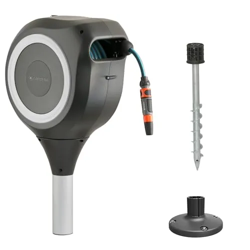 GARDENA Garten-Schlauchbox RollUp M (weiß) 20 m - Schlauchtrommeln mit RollControl-Technologie für sicheres und zuverlässiges Aufrollen. Inklusive 20 m Gardena Qualitätsschlauch und flexibler Erdspieß-Befestigung für 360° Drehbarkeit.