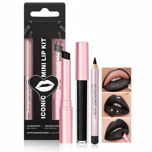 3-teiliges schwarzes, mattes Lippenstift-Set, schwarzer Lippenstift + Lipliner + Lipgloss, reich pigmentierter, samtiger Lippenfleck, pflegender und langanhaltender, cremiger Lippenstift, vegan und