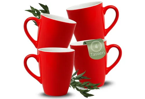 matches21 HOME & HOBBY Tasse Kaffeetassen 4er Set aus Keramik 340ml, Teetassen in Rot, 4-tlg., Keramik, Moderne Kaffeebecher Spülmaschinenfest & Mikrowellengeeignet