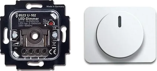 BUSCH-JÄGER, LED-Drehdimmer (LED Dimmer) 6523 U-102 (6523U 102) 6523U102 mit Zentralscheibe 6540-24G in Studioweiß hochglanz Serie: alpha