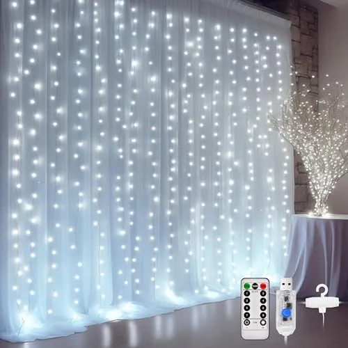 DazSpirit 3Mx3M 300 LED Lichtervorhang, USB Lichterkette Vorhang innen Dekorativ mit 8 Lichtmodi Fernbedienung und Timersteuerung, Wasserdicht für Hochzeit Weihnachten Schlafzimmer (Weiß)