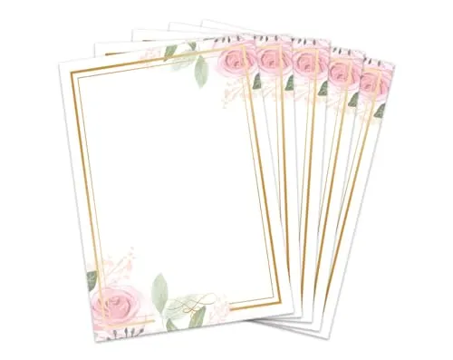 Briefbögen DIN A4, beidseitig per Hand beschriftbar und mit allen Druckern und Kopierern bedruckbar für Einladungen Briefpost Firmenpost Urkunden Zertifikate, rosafarbene Rosen mit goldenen Rahmen 50