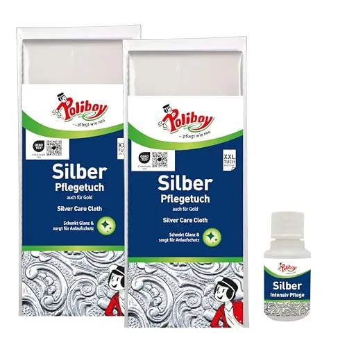 POLIBOY Silber Pflegetuch – Silberputztuch gegen Anlaufstellen, schenkt neuen Glanz – Silberpoliertuch für Besteck und Schmuck – 2x 1 Tuch