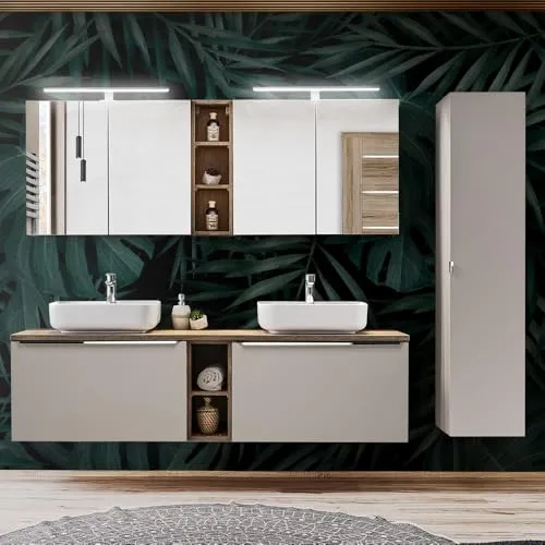 Lomadox Badmöbel-Set PUEBLA-56-TAUPE, 12-teiliges Spar-Set mit Doppelwaschtisch - Badmöbel-Set in eleganter Eiche mit 225 cm Breite, inklusive Keramik-Waschbecken und Spiegelschrank – ideal für stilvolle Badezimmergestaltung.
