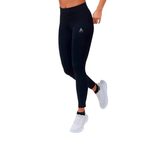Odlo Damen Essential Leggings, Schwarz, XS EU - Hochwertige Leggings für Damen mit Slim-Fit, ideal für Läuferinnen. Effektives Feuchtigkeitsmanagement sorgt für trockenen Komfort, während reflektierende Details die Sichtbarkeit erhöhen.