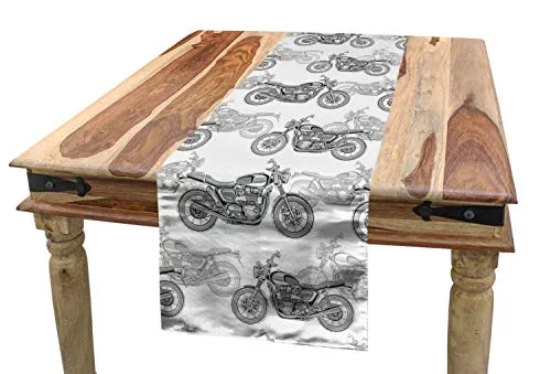 ABAKUHAUS Motorrad Tischläufer, Details in Graustufen, Esszimmer Küche Rechteckiger Dekorativer Tischläufer, 40 x 300 cm, Schwarz Weiß Grau