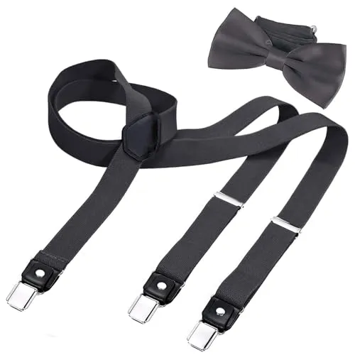 DonDon Hosenträger und Fliege Set für Damen und Herren, Y-Form, 2,5 cm breit, handgefertigt - Elegantes Accessoire für Hochzeit, Party, Smoking, Grau