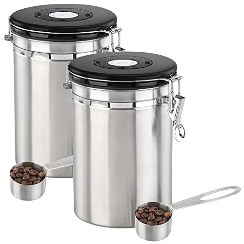 Rosenstein & Söhne Teedose: 2er-Set Kaffeedosen mit Kalenderblatt, C02-Freigabeventil & Messlöffel (Dose mit Ventil, Co2-Freigabeventil Dose, Espresso)