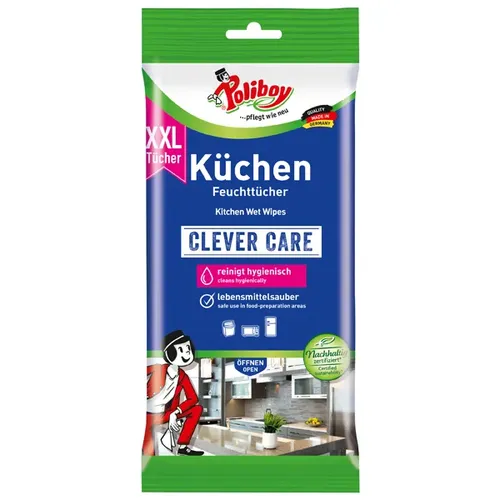 Poliboy XXL Küchen Feuchttücher 48 Tücher - Reinigungstücher & Lappen für hygienische Sauberkeit in der Küche, mit kraftvoller, streifenfreier Reinigung und erfrischendem Orangenduft - unbedenklich bei Lebensmittelkontakt.