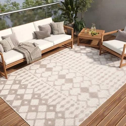 TAPISO Patio Teppich Indoor Outdoor Grau Beige Marokkanisch Gitter Muster Sisaloptik Wetterfest Robust Terrasse Wohnzimmer Balkon ÖKO-TEX 160 x 220 cm