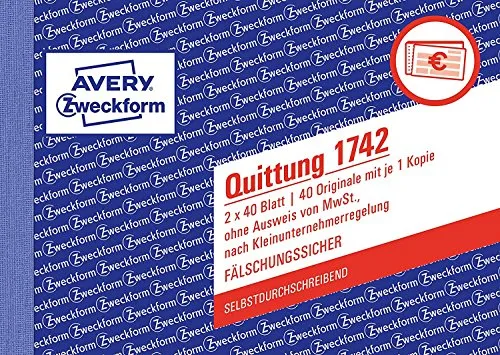 Avery Zweckform 1742 Quittung Kleinunternehmer 5er Multi-Pack - Quittungsblöcke für Kleinunternehmer, selbstdurchschreibend mit 40 Vorlagen pro Block, ideal für die steuerliche Abwicklung ohne Mehrwertsteuer.