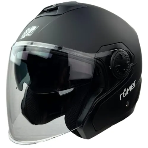 Römer Jethelm RR10901 - Motorradhelm mit Sonnenvisier, schwarz matt - Motorradhelm mit ECE 22.06 Zertifizierung für höchste Sicherheit, kratzfestem Visier, optimaler Belüftung und Headset-Kompatibilität für eine sichere Fahrt.