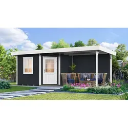 Weka Saunahaus Salo Sparset 9 kW Kompakt Anthrazit - Saunahaus aus 28 mm Blockbohlen mit modernem Flachdach, integrierter Sichtschutzwand und hochwertiger Elementsauna für optimales Saunaklima. Ideal für entspannende Momente im eigenen Garten.