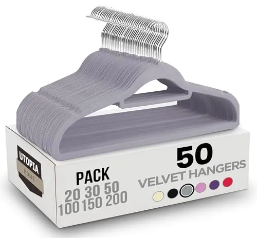 Utopia Home - Antirutsch-Kleiderbügel aus Samt - rutschfeste und strapazierfähige Kleiderbügel aus Samt mit Krawattenhalter - Stark genug, Jacken und Pullover zu halten (Grau, 50er-Pack)