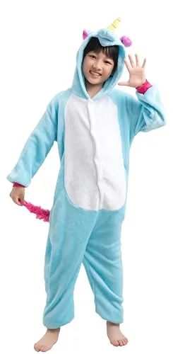 corimori Einhornkostüm Kinder Tierkostüme Onesie Karneval Fasching Jungen Mädchen 02 Einhorn blau türkis,130 Unicorn Kigurmui