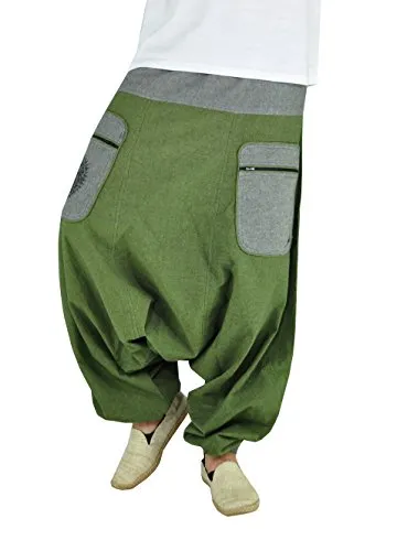 virblatt Haremshose Herren aus 100% Baumwolle - Bequeme Aladinhose in Grün L-XL - Bequeme Haremshose für Herren aus 100% Baumwolle, ideal für Freizeit und Yoga. Mit elastischem Bund, Seitentaschen und handgesticktem Mandala – perfekt für lässige Outfits.