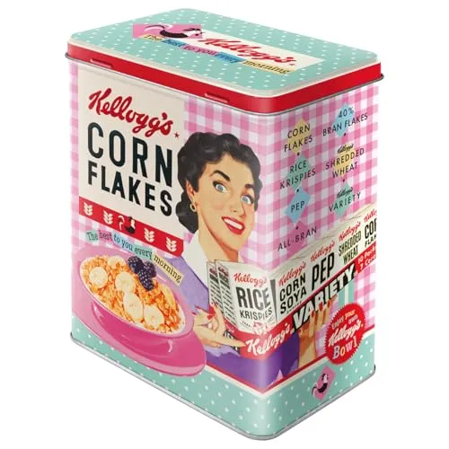 Nostalgic-Art Retro Vorratsdose L, 3 l, Kellogg's – Happy Hostess Corn Flakes – Geschenk-Idee für die Küche, Original Lizenzprodukt (OLP), Große Blech-Dose, Vintage Design