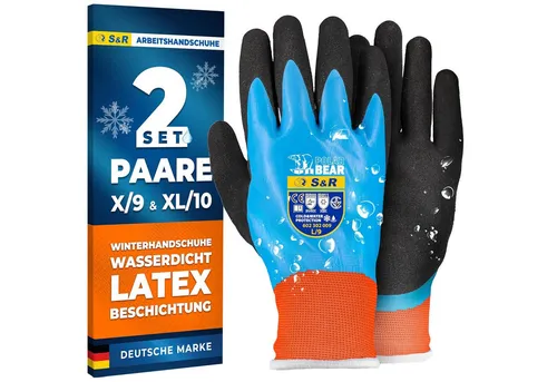 S&R Arbeitshandschuhe PROFI Wärme-Arbeitshandschuhe, 3/4 Anti-Rutsch Wasserdicht (Set, 4-St., 2 Paar L / 9) gefütterte wasserdichte Thermo-Schutzhandschuhe, Latex.Beschichtung