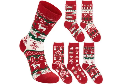 BRUBAKER Socken Weihnachtssocken mit Norweger Muster - Winter Socken aus Baumwolle (Größe 36-41, 5-Paar, Geschenk Set für Frauen & Mädchen) Damen Sockenset für Weihnachten und Nikolaus Rot & Weiß