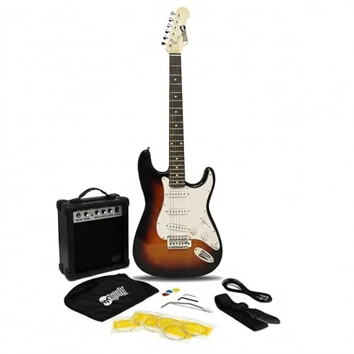 RockJam Full Size Electric Guitar Kit with 10-Watt Guitar Amp, Lessons, Strap, Gig Bag, Picks, Whammy, Lead and Spare Strings - SunBurst