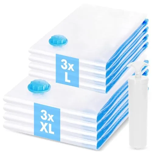 Vakuumbeutel für Kleidung Reisen, 6 Stück Vakuumbeutel für Bettdecken, 3 Extra Groß + 3 Groß Vacuum Bags for Clothing, vakuumierbeutel kleidung mit Handpumpe