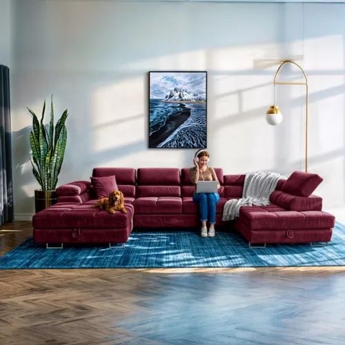 Sofiland Aller XXL U-Form Ecksofa Rechts mit Schlaffunktion, Couchgarnitur mit 2 Bettkästen, Wohnzimmersofa Rot MONOLITH 59, Sofa, Bettsofa, Couch