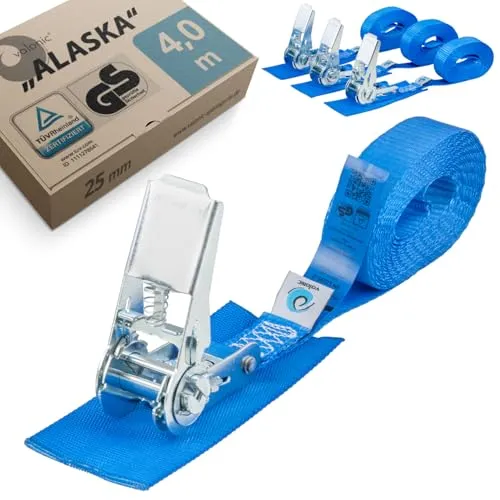 valonic Alaska - 4X 4m Spanngurte mit Ratsche, gepolstert, 25mm, 800Kg, TÜV Rheinl. / GS Zertifiziert, EN-12195-2, Spanngurt blau, Ratschenspanngurt für Ladungssicherung, SUP, Boot