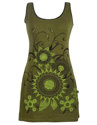 Vishes - Alternative Bekleidung - Ärmelloses Blumenkleid aus Baumwolle mit weitem Ausschnitt Olive 46