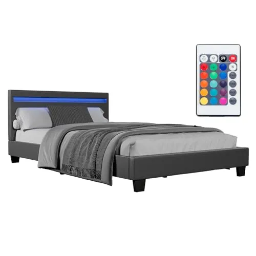 Juskys Polsterbett Verona 120x200 cm - Betten mit hohem Kopfteil und LED-Beleuchtung, robustes Kunstleder-Bettgestell für stilvollen Schlafkomfort und individuelle Lichtgestaltung.