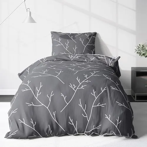 LINKHOFF Wendebettwäsche Biber 135x200/155x220cm - Elegantes Zweige-Muster in Grau-Weiß - Bettwäsche-Set aus 100% Baumwolle, bügelfrei und hautfreundlich. Die hochwertige Flanell-Qualität bietet hervorragende Wärmeisolierung für kuscheligen Schlafkomfort.