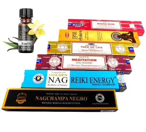 Räucherstäbchen Set + Duftöl von Teufelsküche | Black Nag Champa und mehr | Unser Lieblingsset | 6 Packungen a 15g | Die 6 schönsten Düfte für Sie ausgewählt!